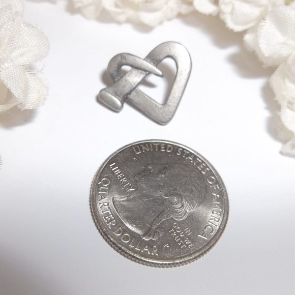 Pewter Heart Pin Brooch Square Head Nail Jewelry Unisex Edgy Modern Unique A322 - Picture 3 of 6